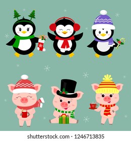 New Year and Christmas card. A set of three piglets and three penguins is typical in different hats and poses in winter. Gift box, candy, hot drink. Cartoon style, vector.