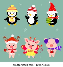 New Year and Christmas card. A set of three piglets and three penguins is typical in different hats and poses in winter. Gift box, fairy butterfly, hot drink. Cartoon style, vector.