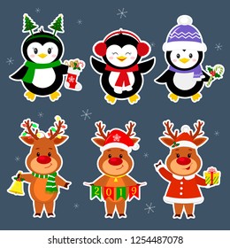 New Year and Christmas card. A set stickers of three penguins and three deer characters in different hats and poses in winter. Box with a gift, candy, sock, bell. Cartoon style, vector.