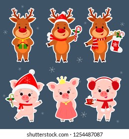 New Year and Christmas card. A set sticker of three deer and three pigs characters in different hats and costumes in winter. Box gift, sock, lollipops, cocoa. Cartoon style, vector.