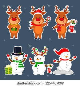 New Year and Christmas card. A set sticker of three snowmen and three deer characters in different hats and poses in winter. Box with a gift, sock and ginger biscuits. Cartoon style, vector.