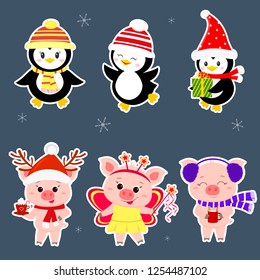 New Year and Christmas card. A set sticker of three piglets and three penguins is typical in different hats and poses in winter. Gift box, fairy butterfly, hot drink. Cartoon style, vector.