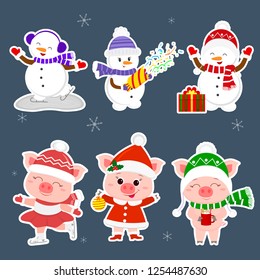 New Year and Christmas card. A set sticker of three snowmen and three pigs character in different hats and poses in winter. Gift box, skating rink, crackers, drink. Cartoon style, vector.