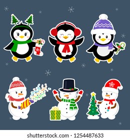 New Year and Christmas card. Set stickers of three penguins and three snowmen characters in different hats and poses in winter. Christmas tree, gifts, confetti. Cartoon style, vector.