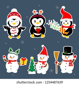 New Year and Christmas card. A set of stickers of three penguins and three characters of snowmen in different hats and poses in winter. Christmas trees, gifts, confetti. Cartoon style, vector.