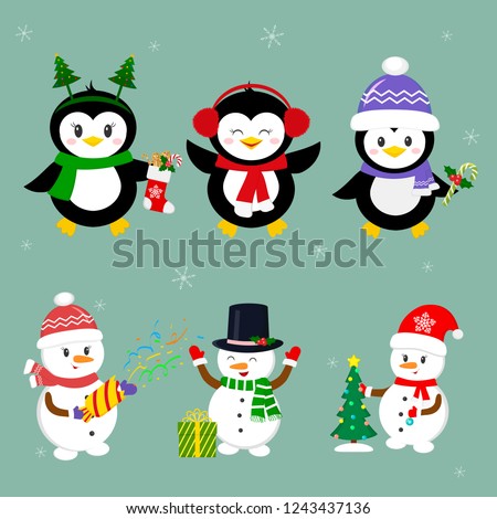 New Year and Christmas card. Set of three penguins and three snowmen characters in different hats and poses in winter. Christmas tree, gifts, confetti. Cartoon style, vector.