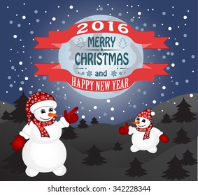 New year and Christmas card with a snowman