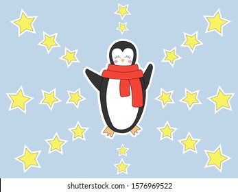 New Year and Christmas card. Sticker of cute penguin with stars.  Winter holidays card, Merry Christmas greetings. Happy and funny penguin with scarf on background. Vector flat illustration.