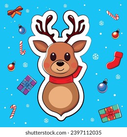 New Year, Christmas card, sticker with cute reindeer in cartoon style.