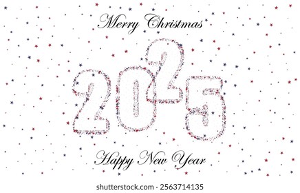 New Year and Christmas card strewn with blue and red stars, New Year design