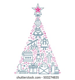 New Year and Christmas card Template for your design. Symbols, icons Christmas. Santa Claus, reindeer, gift arranged in the shape ate.