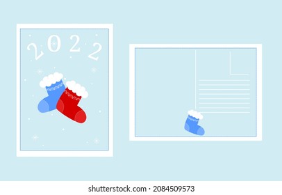 New Year and Christmas card templates for printing. New Year's postcard. New Year's socks. Fashionable flat style. Vector design element.