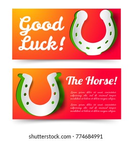 New year and christmas card templates with horseshoe as year of horse symbol flat vector illustration