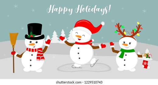 New Year and Christmas card. Three cute snowmen in different costumes. Skating, holding a broomstick, holding a sock with gifts. Winter on the background of snowflakes. Cartoon style, vector.
