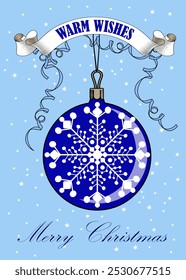 New Year and Christmas card with a Christmas tree toy with a snowflake image. Merry Christmas greetings and warm wishes. Stylized drawing under an old engraving. Vector illustration