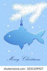 New Year and Christmas card with a Christmas tree toy with a fish image. Merry Christmas greetings and warm wishes. Vector illustration