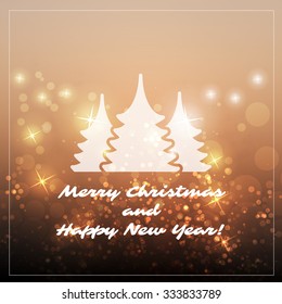 New Year And Christmas Card With Christmas Trees And A Sparkling Blurred Background
