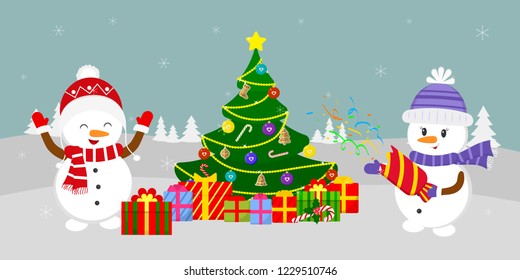 New Year and Christmas card. Two cute snowmen near the Christmas tree with gifts, in the winter against the background of snowflakes. Cartoon style, vector.
