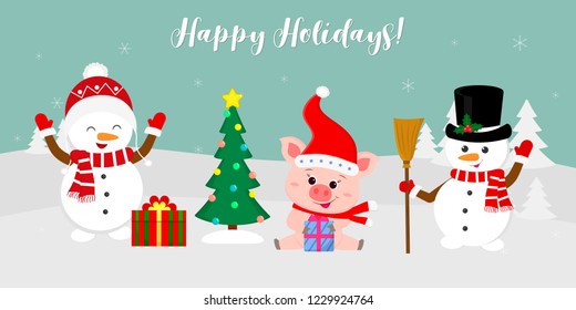 New Year and Christmas card. Two cute snowmen near the Christmas tree with gifts. Piglet in Santa hat with a gift, in winter against the background of snowflakes. Cartoon style, vector.