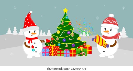 New Year and Christmas card. Two cute snowmen near the Christmas tree with gifts, in the winter against the background of snowflakes. Cartoon style, vector.