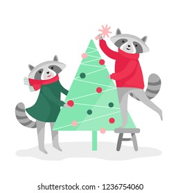 New Year or Christmas card. Two cute raccoons  decorate christmas tree. Vector flat cartoon illustration.