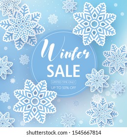 New Year and Christmas card from two-color snowflakes of blue and gray on a white background. Vector illustration