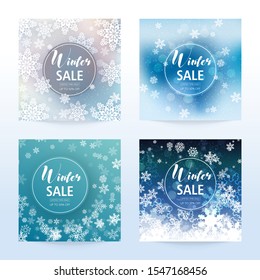 New Year and Christmas card from two-color snowflakes of blue and gray on a white background. Vector illustration