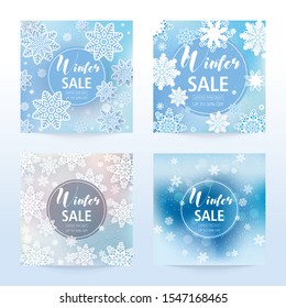 New Year and Christmas card from two-color snowflakes of blue and gray on a white background. Vector illustration