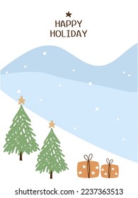 New year or Christmas card with winter scene, blue hills, pine tree, snow fall and gift box vector illustration.
