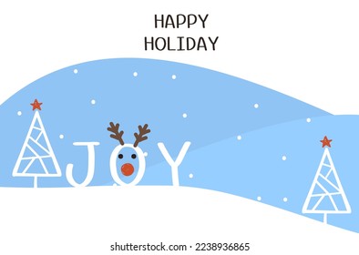 New year or Christmas card with winter scene, blue hills, pine tree, snow fall and hand written font with reindeer face cartoon vector illustration.