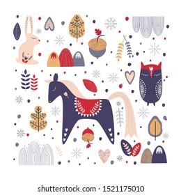 New year and Christmas card. Woodland characters: horse rabbit owl. Folk hand drawn style. Vector illustration.