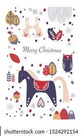 New year and Christmas card. Woodland characters: horse, rabbit, owl. Folk hand drawn style. Vector illustration.