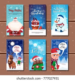 New Year And Christmas Cards Collection Decorated With Winter Holidays Traditional Characters Flat Vector Illustration