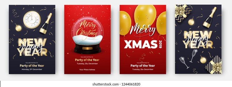 New Year and Christmas cards. Design layouts for Winter holidays. Posters with balloons, snow globe, champagne, decorations and lettering.