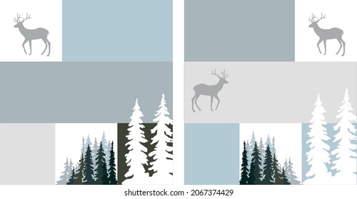 New Year, Christmas cards with fir trees and deer