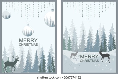 New Year, Christmas cards with fir trees and deer