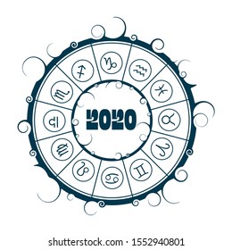 New Year and Christmas celebration card template. Zodiac circle with 2020 new year number.