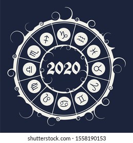 New Year and Christmas celebration card template. Zodiac circle with 2020 new year number.