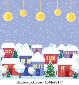 New year or Christmas celebration card. Snowy winter weather. Celebration mood. Vector illustration.