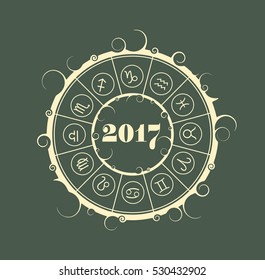 New Year and Christmas celebration card template. Zodiac circle with 2017 new year number. Vector illustration