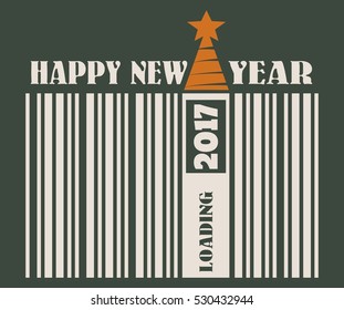 New Year and Christmas celebration card template. Happy New Year text. Bar code with 2017 number and loading bar. Vector illustration relative to holiday sales