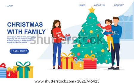 New year and Christmas celebration concept. Happy young caucasian family mother father and little girl standing next to the decorated Christmas tree. Flat vector illustration. Web page template
