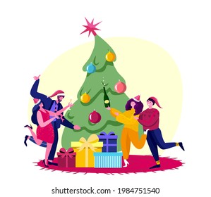 New Year and Christmas Celebration, Decorated Xmas Tree, Gifts Presents and Confetti. Happy Friends, Loving Couples Fun Having Party. Greeting Champagne Cheers Smiles. Cartoon Flat Vector Illustration