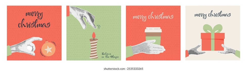 New year, Christmas celebration. Halftone hands holding gift box, cup, candle and more. Trendy retro banner, card, postcard with collage. Holiday poster set