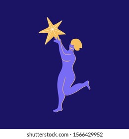 New Year and Christmas celebration. Happy girl holds a huge Christmas star in her hand. Cartoon flat vector Illustration for party invitation, poster, banner.