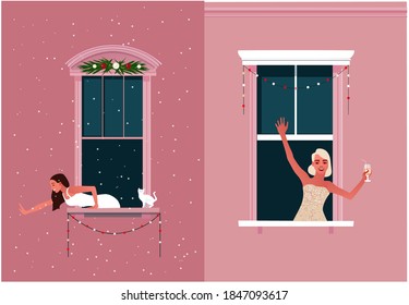 New Year or Christmas celebration. Lockdown. Quarantine life. Window frames with neighbors celebrating. Snow. Colorful vector illustration in modern flat style.