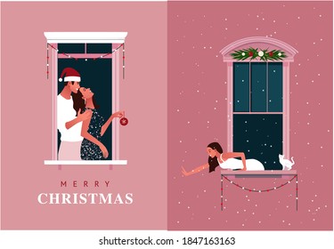 New Year or Christmas celebration. Lockdown. Quarantine life. Window frames with neighbors celebrating. Snow. Colorful vector illustration in modern flat style.