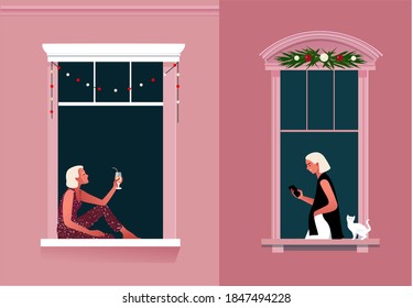 New Year Or Christmas Celebration. Lockdown. Quarantine Life. Window Frames With Neighbors Celebrating. Snow. Colorful Vector Illustration In Modern Flat Style.