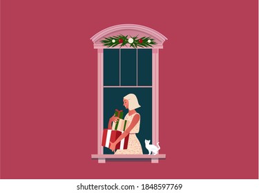 New Year or Christmas celebration. Lockdown. Quarantine life. Window frame with a woman holding presents in the boxes. Snow. Colorful vector illustration in modern flat style.