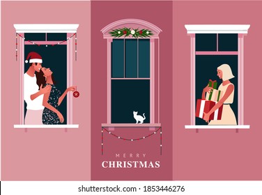 New Year or Christmas celebration. Lockdown. Quarantine life. Window frames with neighbors celebrating. Colorful vector illustration in modern flat style.